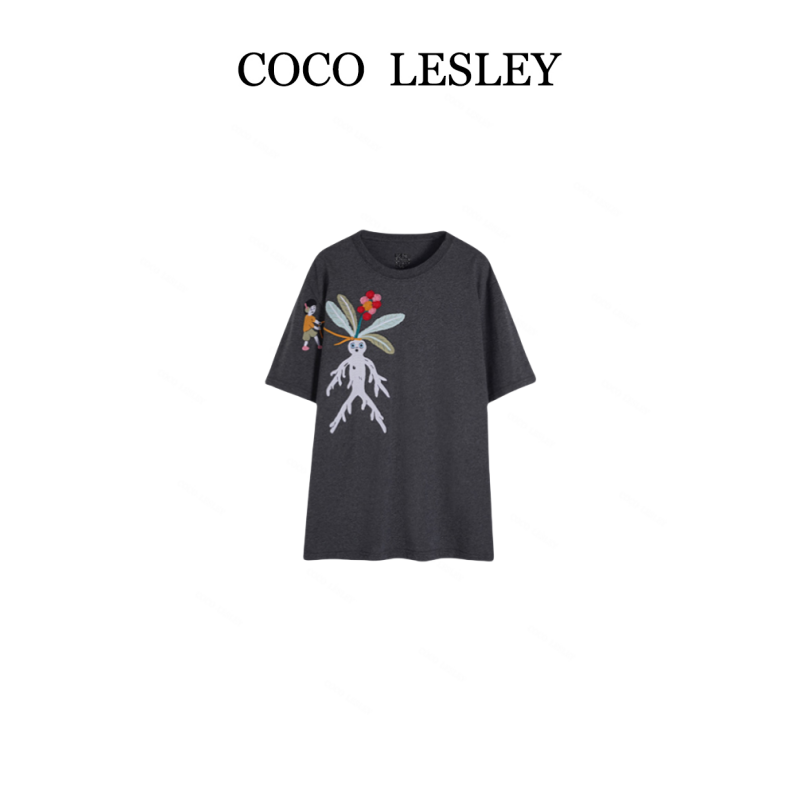 COCO LESLEY 时尚休闲百搭圆领经典刺绣纯棉T恤3637