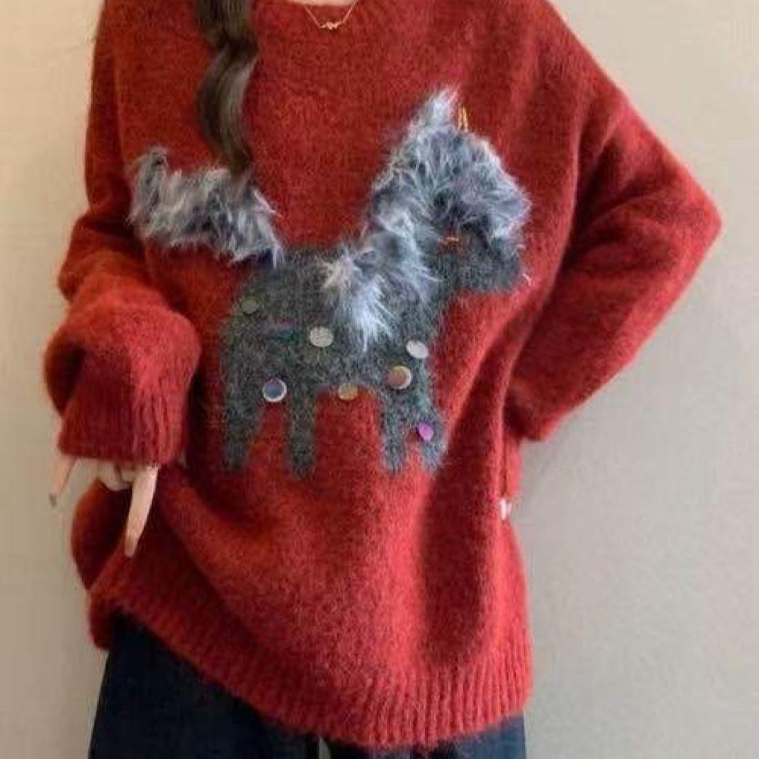 【阿桂家】2426圆领小马红色针织衫