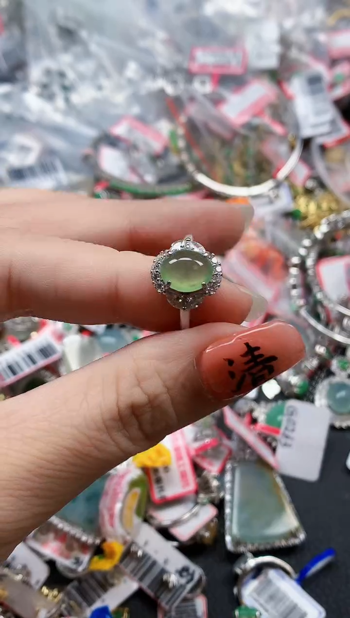 银S925镶嵌戒指翡翠天然A货缅甸翡翠
