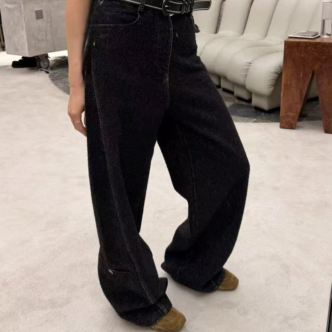 Ruckierz高街风牛仔裤晶莹面重工秋冬女阔腿裤深灰高腰#7238