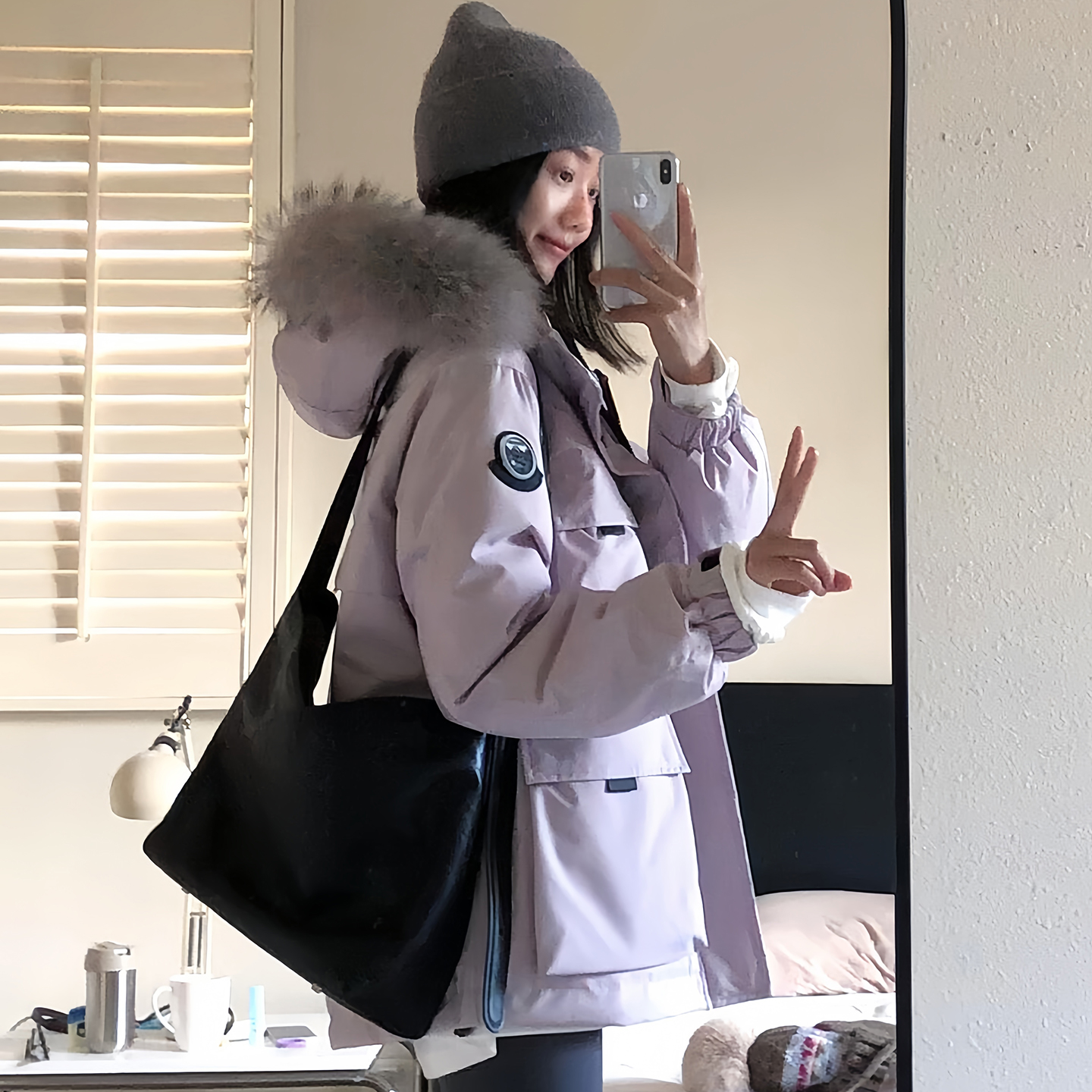 大毛领冰晶紫羽绒棉服女2025年冬季新款小个子工装派克服加厚外套