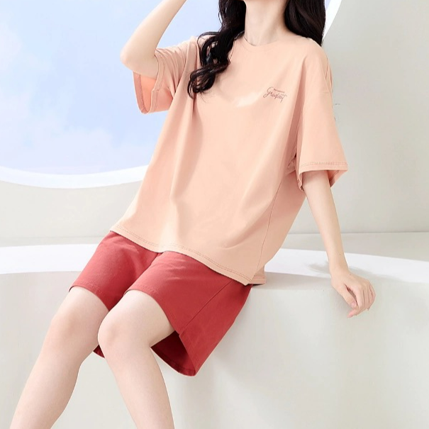夏季新款女款简约时尚百搭圆领短款家居服套装H6096