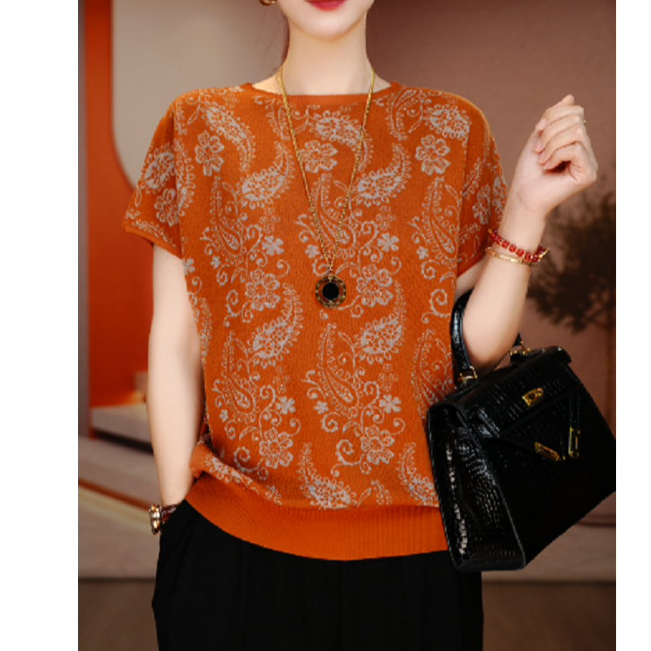 春夏款琉璃冰感丝套头针织衫短袖女洋气女装宽松冰感上衣V25P448