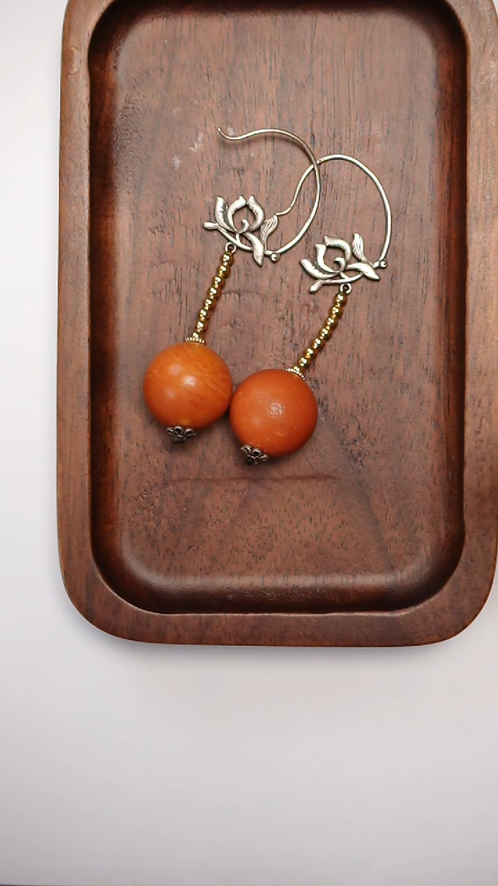 【闪购商品】琥珀耳饰银S925镶嵌橘皮圆珠耳饰17mm