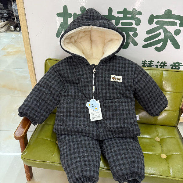 【四层加厚】灰色格子连帽韩版宝宝家居服儿童套装可外穿冬季保暖