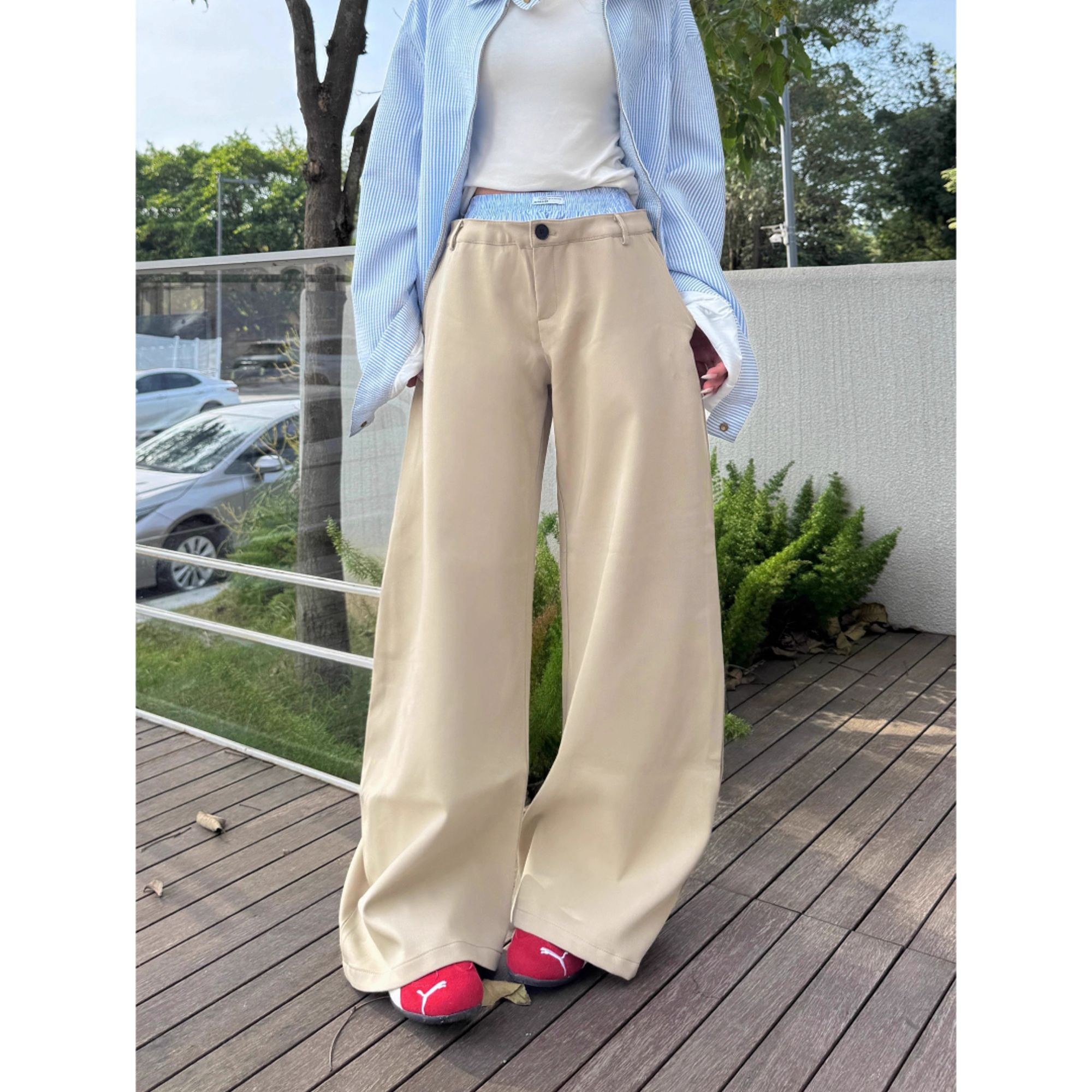 韩系春季假两件拼接休闲裤女垂感直筒裤裤子宽松设计感拖地裤潮