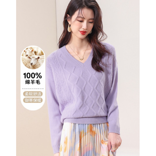 100%绵羊毛阿兰花鸡心领女式羊毛套衫25DAK1805