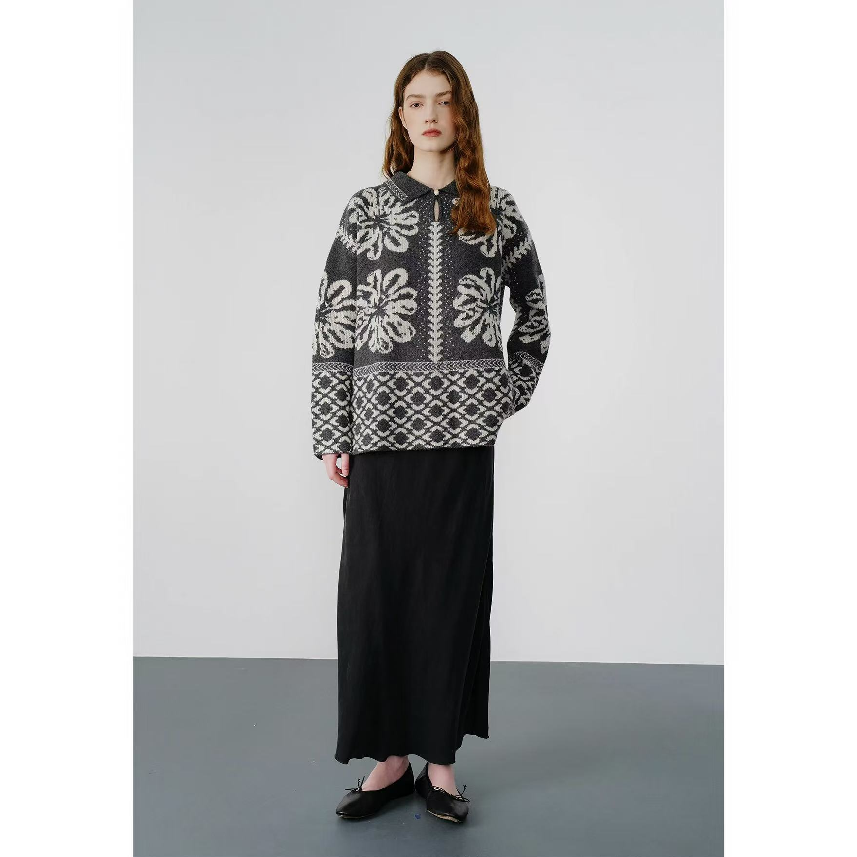 慵懒宽松型女装针织衫长袖印花宽松中长款厚套装-123