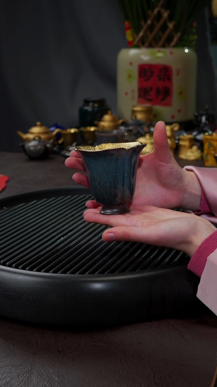 【闪购商品】杯【宜景窑天目釉蓝釉鎏金】百合