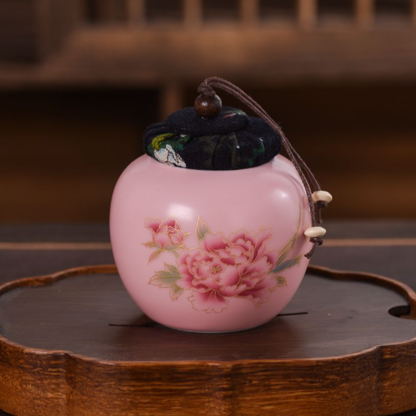 粉瓷定窑牡丹花100克装茶叶罐密封罐便携茶罐小号储存罐防潮空罐