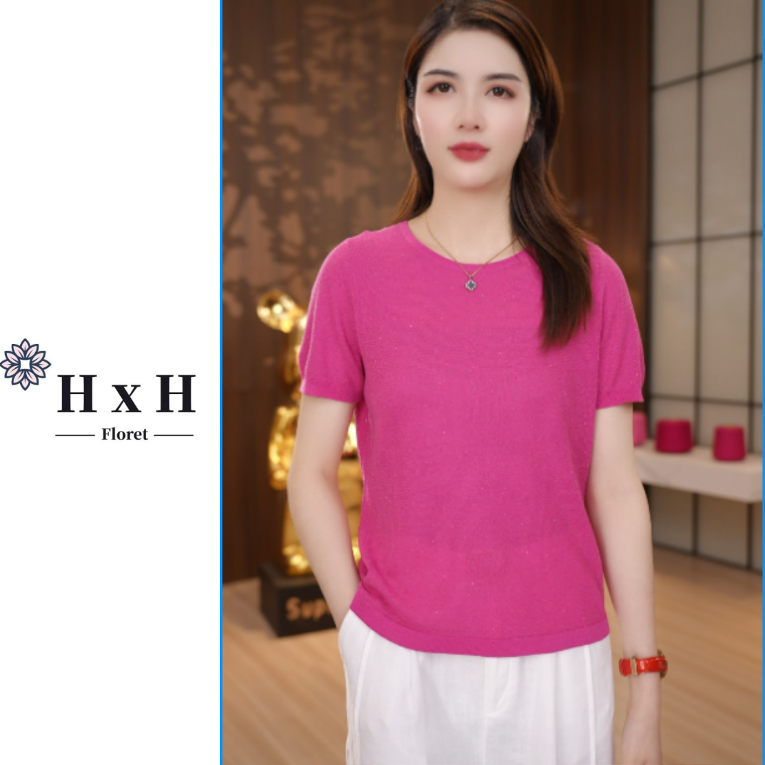 【花小花】夏季薄款圆领简约兰精天丝+桑蚕丝短袖纯色针织衫