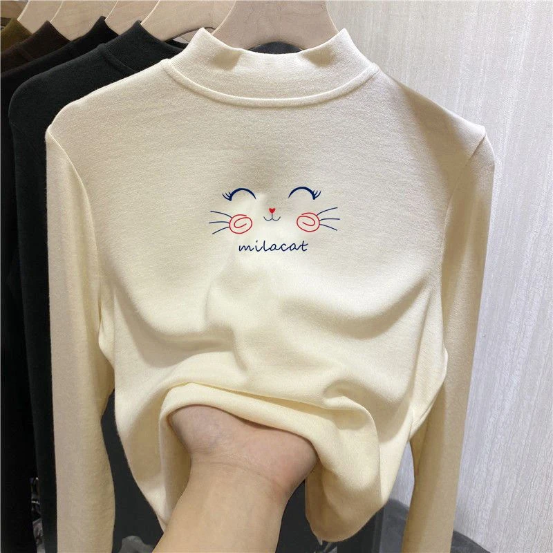 男女童半高领奶油小猫咪德绒洋气长袖t恤中大童秋冬保暖新款上衣商品图