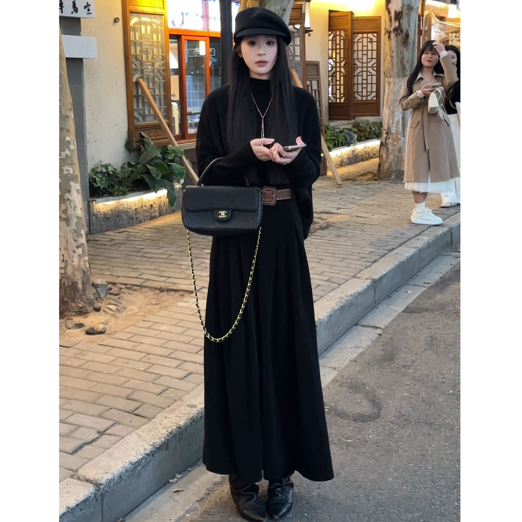 【专属福利】秋冬款立领半身裙套装长袖时尚宽松打底黑色复古-24091