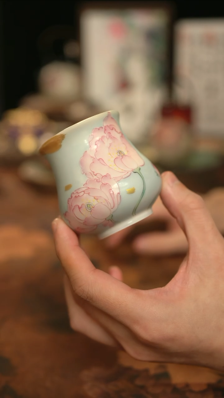 摩吉陶陶闪拍链接 柴窑志野手绘牡丹杯