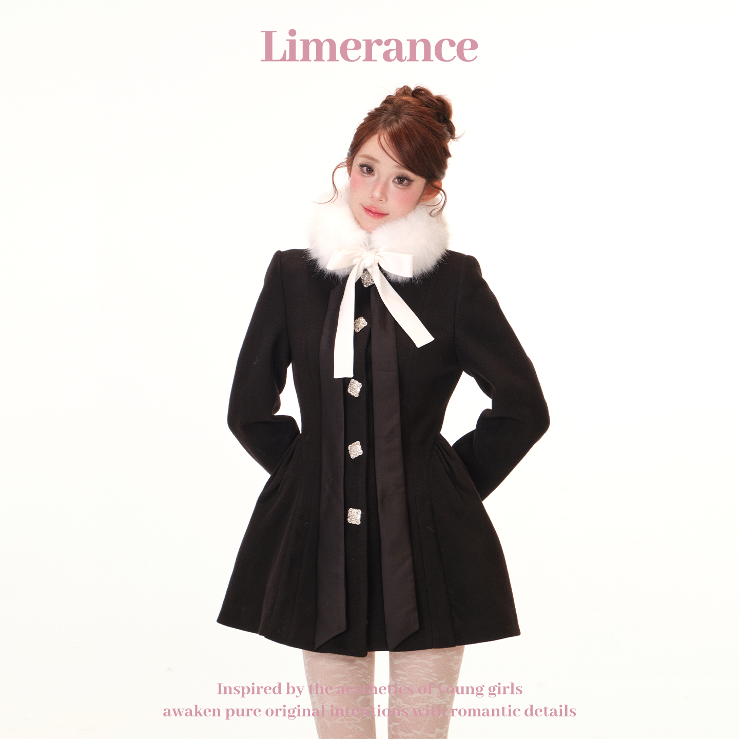 甜梨呆呆巴黎恋书 千金风立领收腰夹棉毛呢外套钻扣缎带蝴蝶结冬