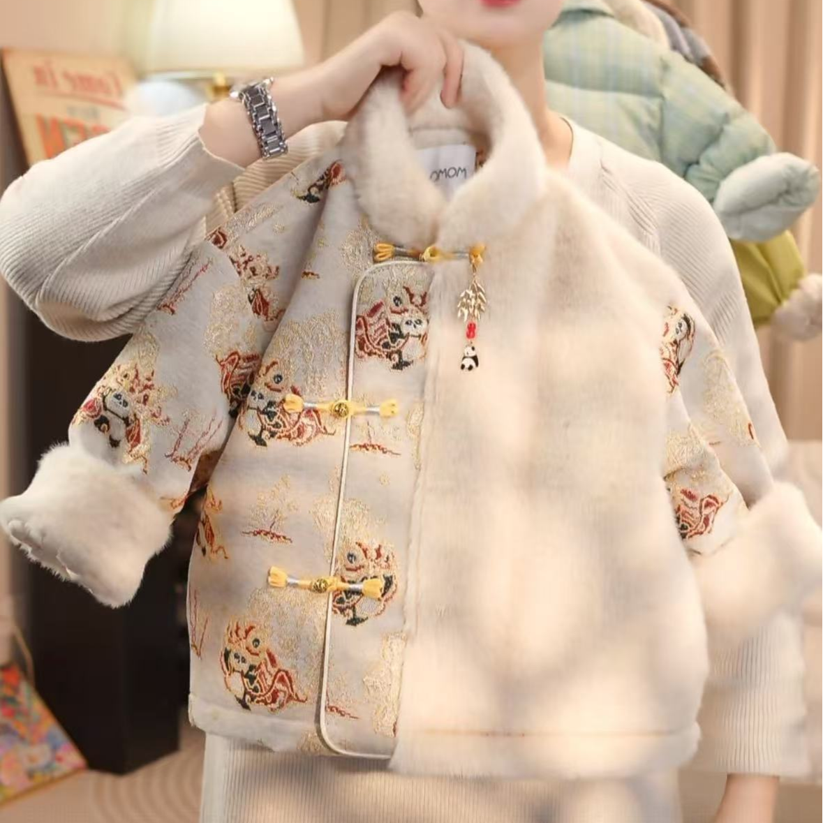 MOMOCO冬季新款男童新中式熊猫国风夹棉年款韩版外套AAA125