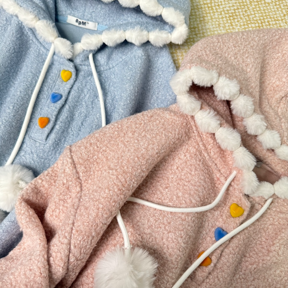 彩扣毛球连帽上衣毛绒保暖韩版秋冬带帽宽松外穿卫衣帽衫