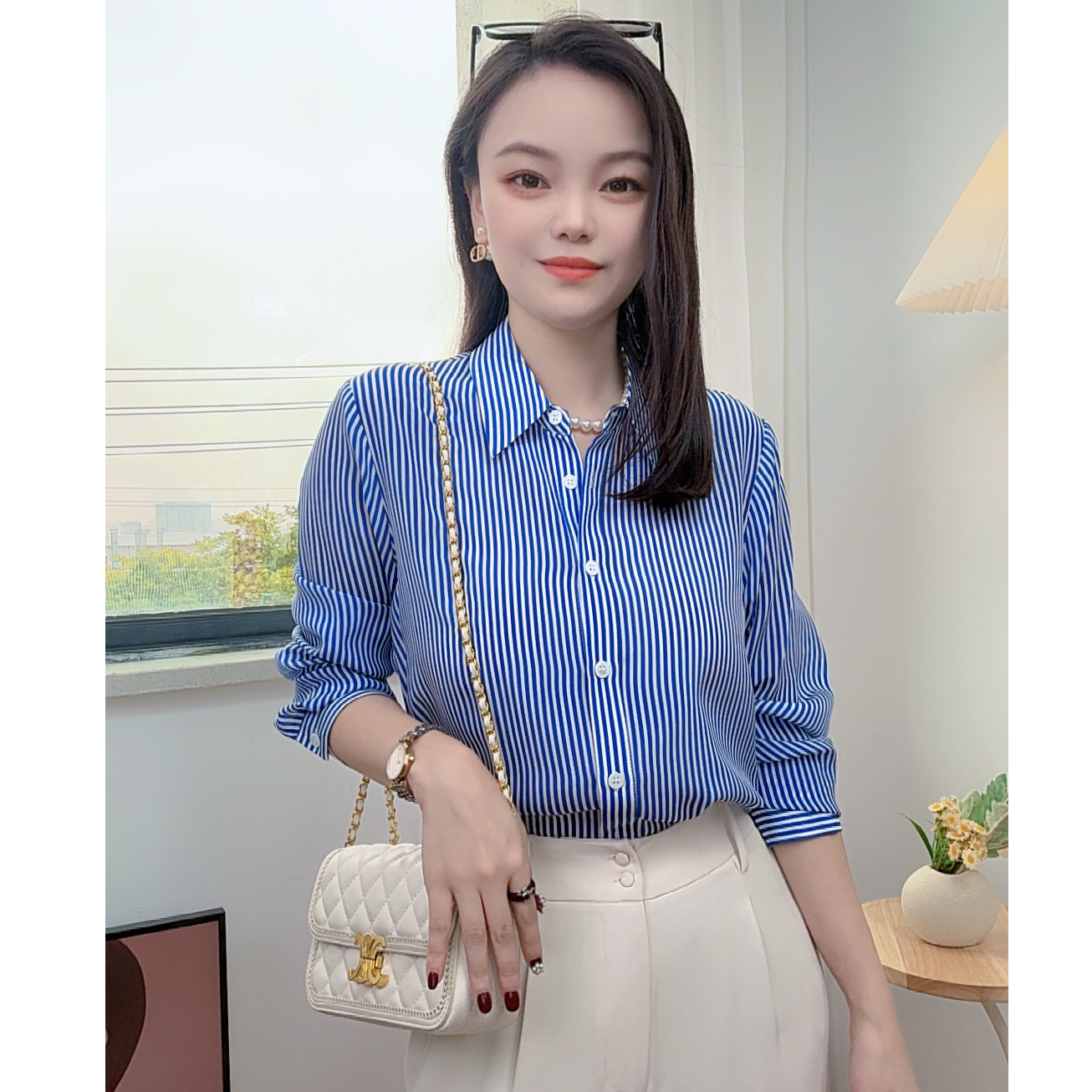 【灿灿】100含量真丝桑蚕丝条纹衬衫女春秋气质通勤职业长袖衬衣