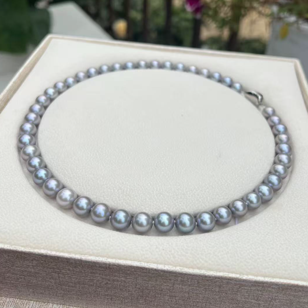 【萍姐珠宝】蓝血贵族天然真珍珠9-10mm无核强光全珠链时尚银蓝灰色