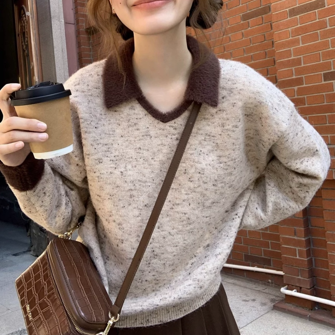 9201#杂色点点纱撞色翻领毛衣女秋冬2024新款宽松大码毛衣