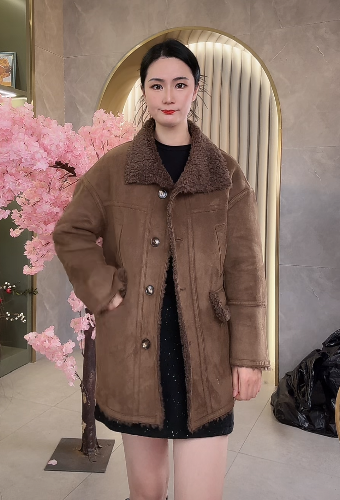 双面双穿中长款秋冬短外套单排扣外套宽松型女保暖气质百搭