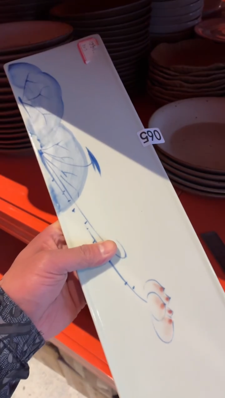 瓷片1*665微瑕手绘荷花长条盘1个