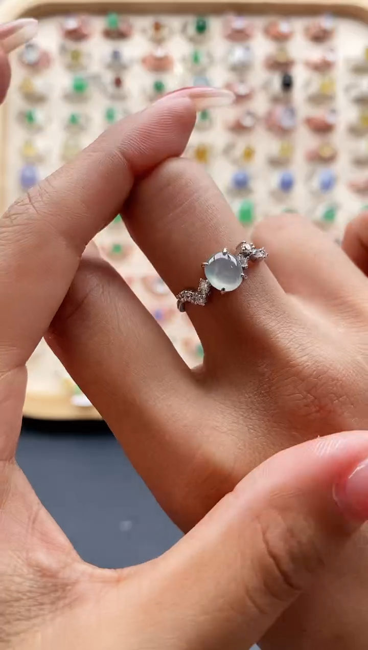 【闪购商品】翡翠戒指银S925镶嵌缅甸天然A货翡翠333 1+