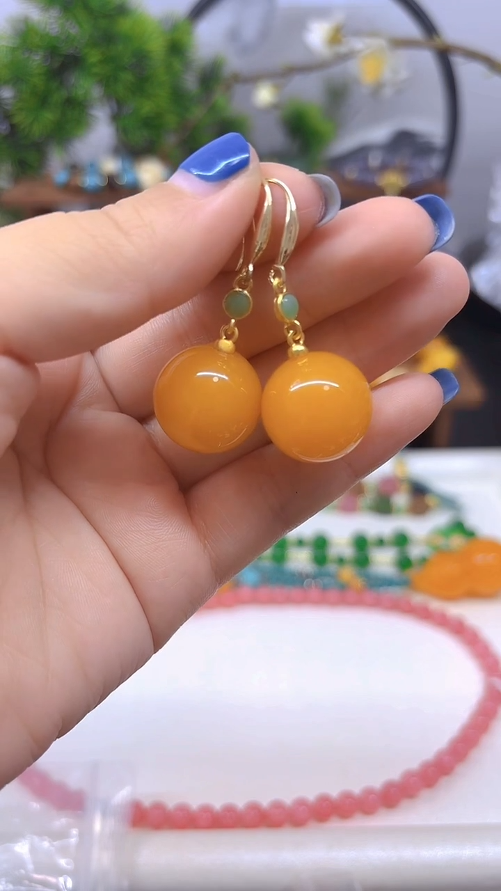 蜜蜡14K金镶嵌耳饰E893