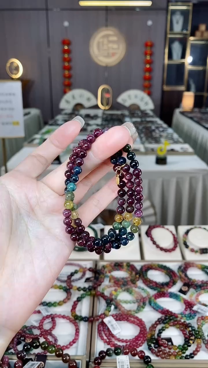 未镶嵌老矿碧玺色标彩虹三圈手串5mm+碧玺dan多样性发货一条