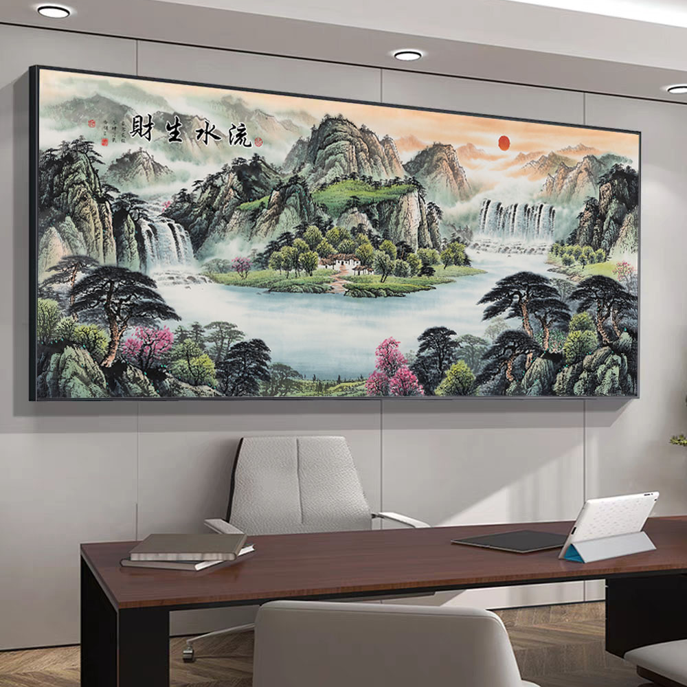 新中式客厅装饰画沙发背景后墙挂画山水画晶瓷画