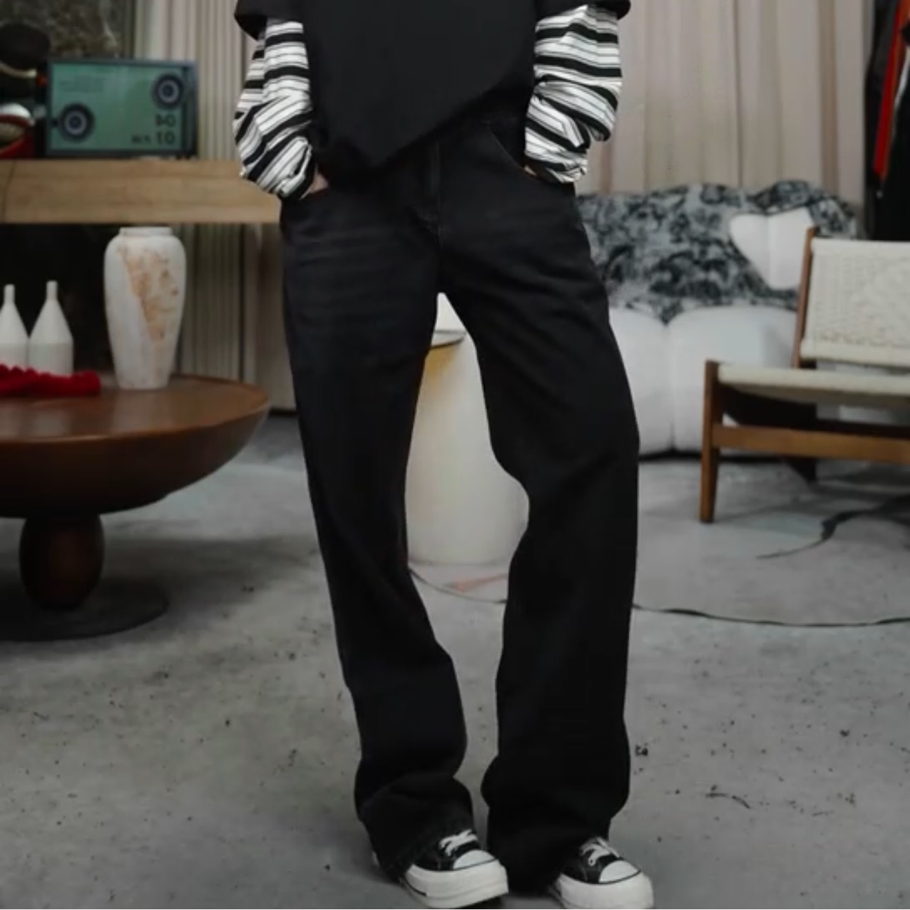 infobyfive福利秋冬猫抓厚款水洗黑灰色牛仔裤长裤壹NF0509249