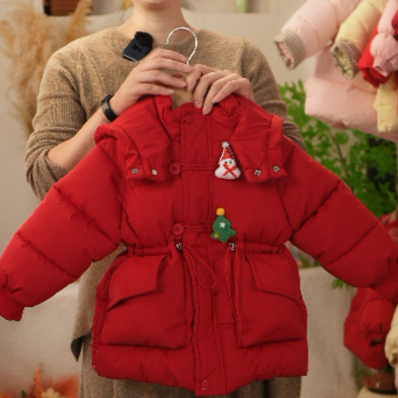 5女童加厚加绒棉服儿童连帽拜年服圣诞收腰中长款冬装洋气拜年服