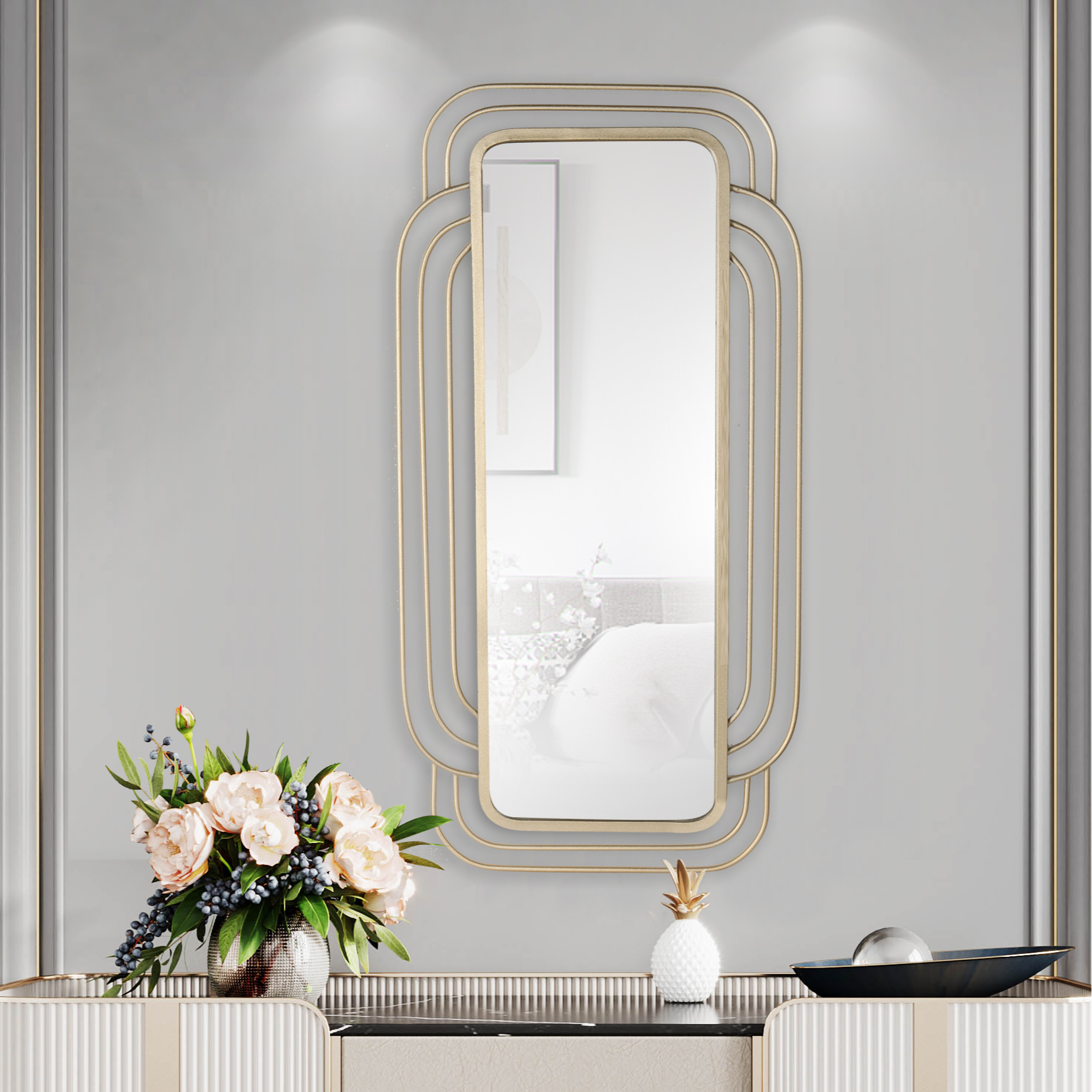 长方挂镜 51x102厘米 铁艺磨砂金金色挂墙镜子 穿衣镜浴室洗漱镜