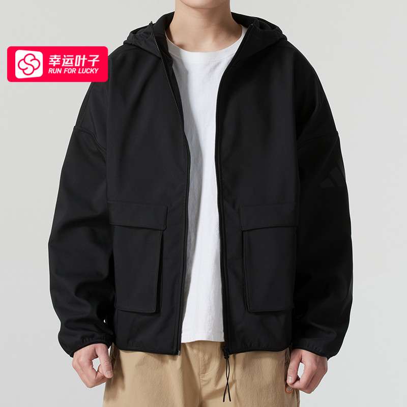 adidas阿迪达斯针织夹克男装2025新款运动休闲黑色连帽上衣JF3300