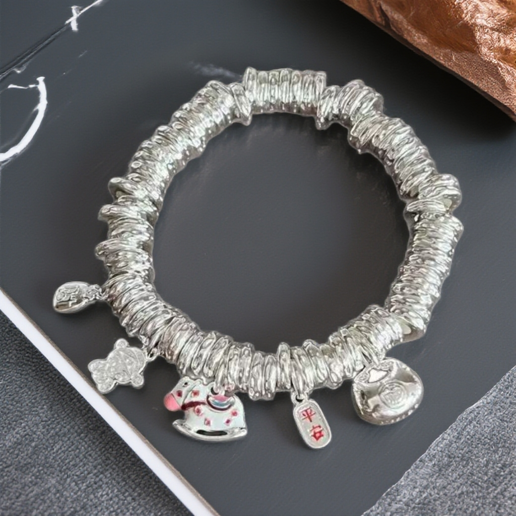 999.9银【马上成功】珐琅彩小木马多宝盘缠手串