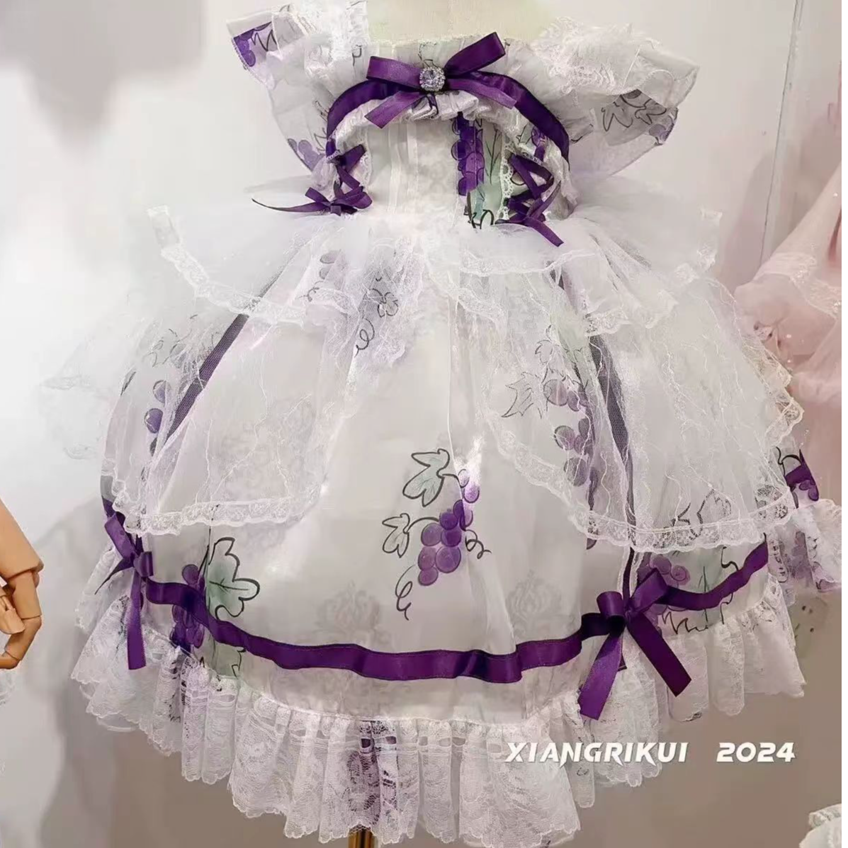 少女风女童演出服休闲风紫色碎花夏季软妹套装旗袍纯色连衣裙