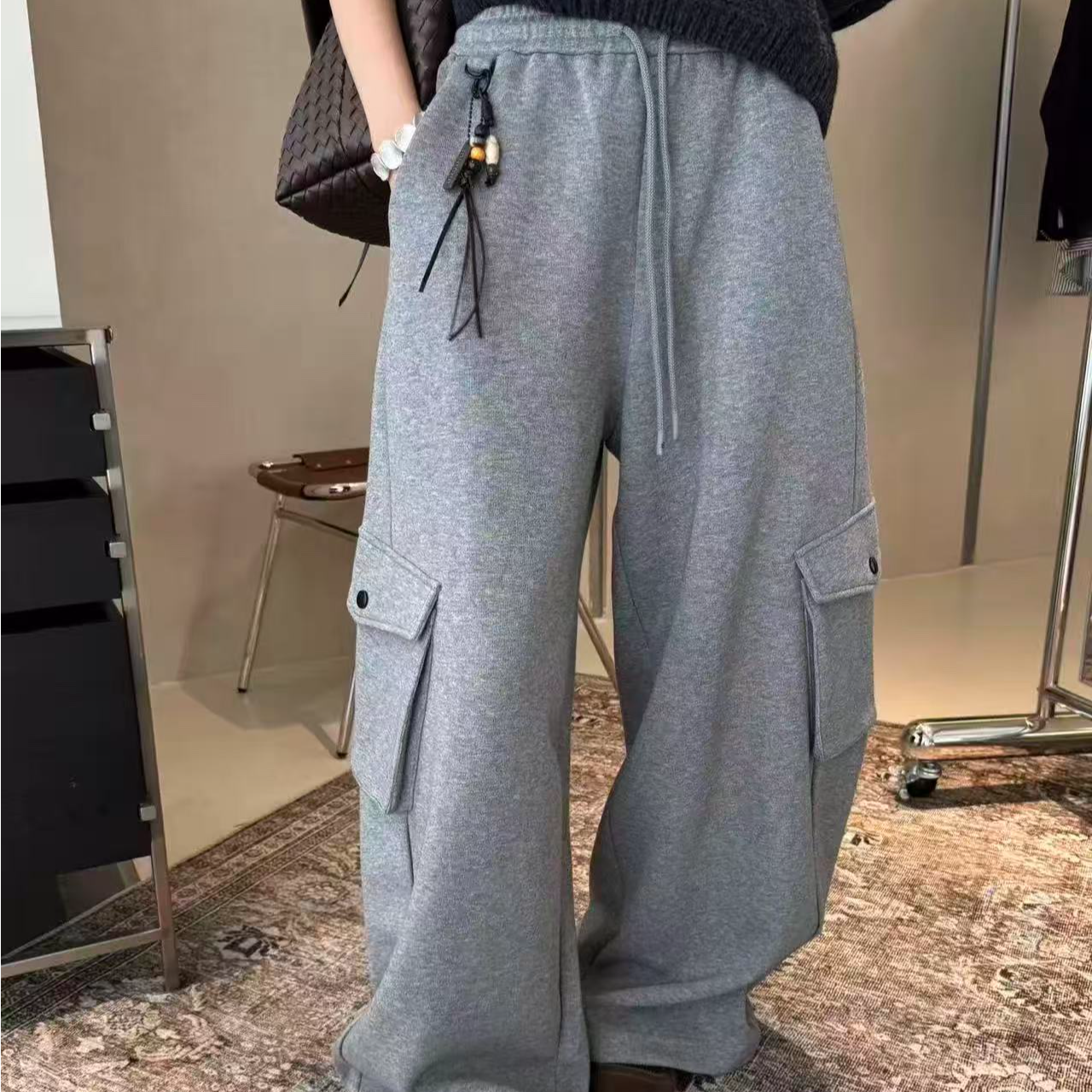 9921#秋季新款挂饰韩系双口袋设计松紧腰工装裤休闲可束脚卫裤