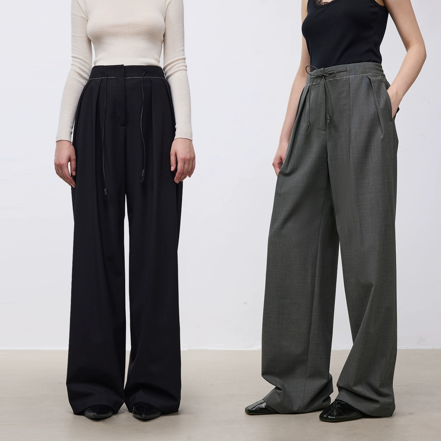 MARIUS"街拍裤"澳洲美利奴羊毛立体对褶通勤佰搭抽绳休闲裤