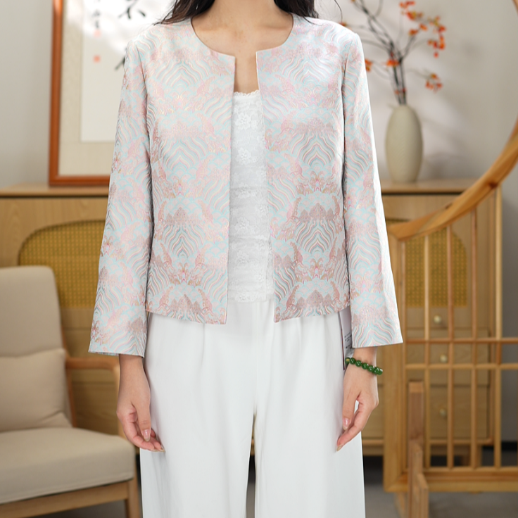 【四川工美蜀锦】新中式桑蚕丝蜀锦米地海水江崖纹蜀锦短外套