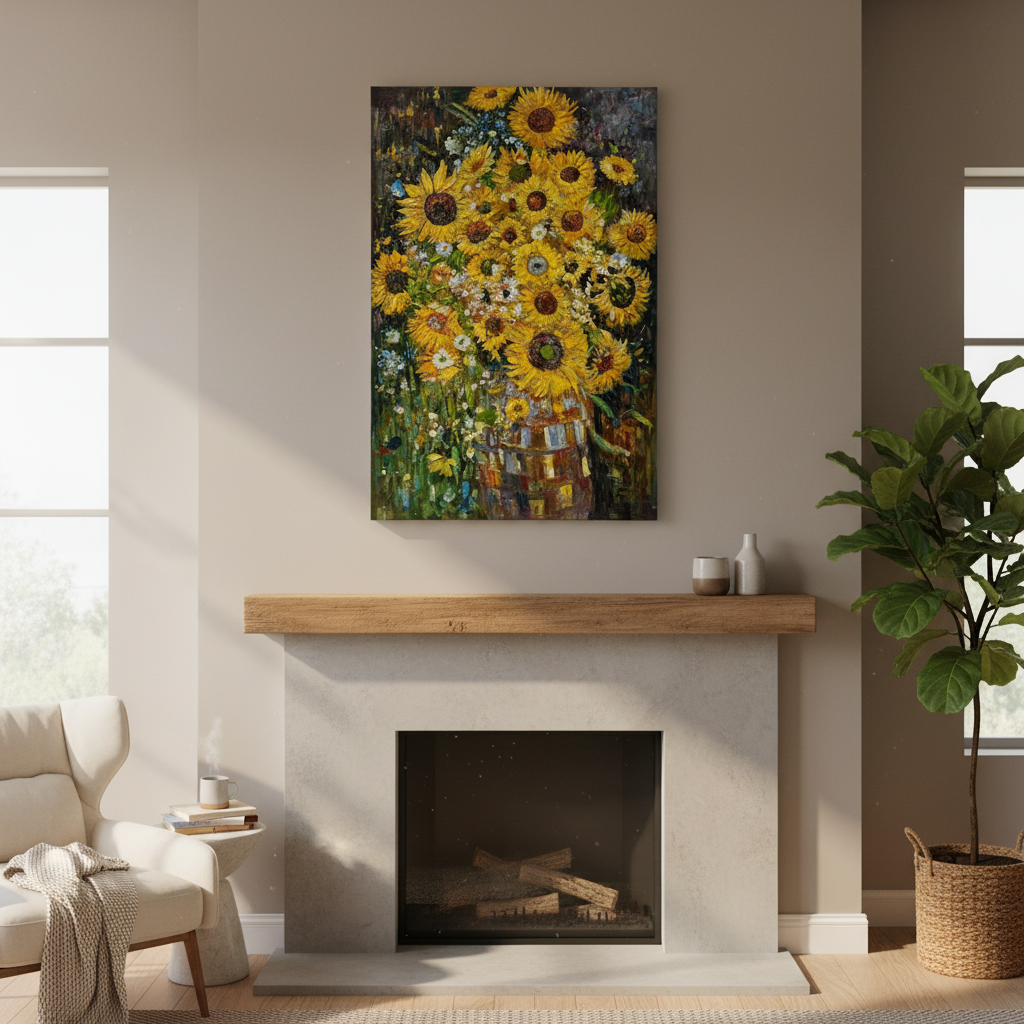 油画肌理立体向日葵手绘厚涂装饰画用于客厅玄关走廊