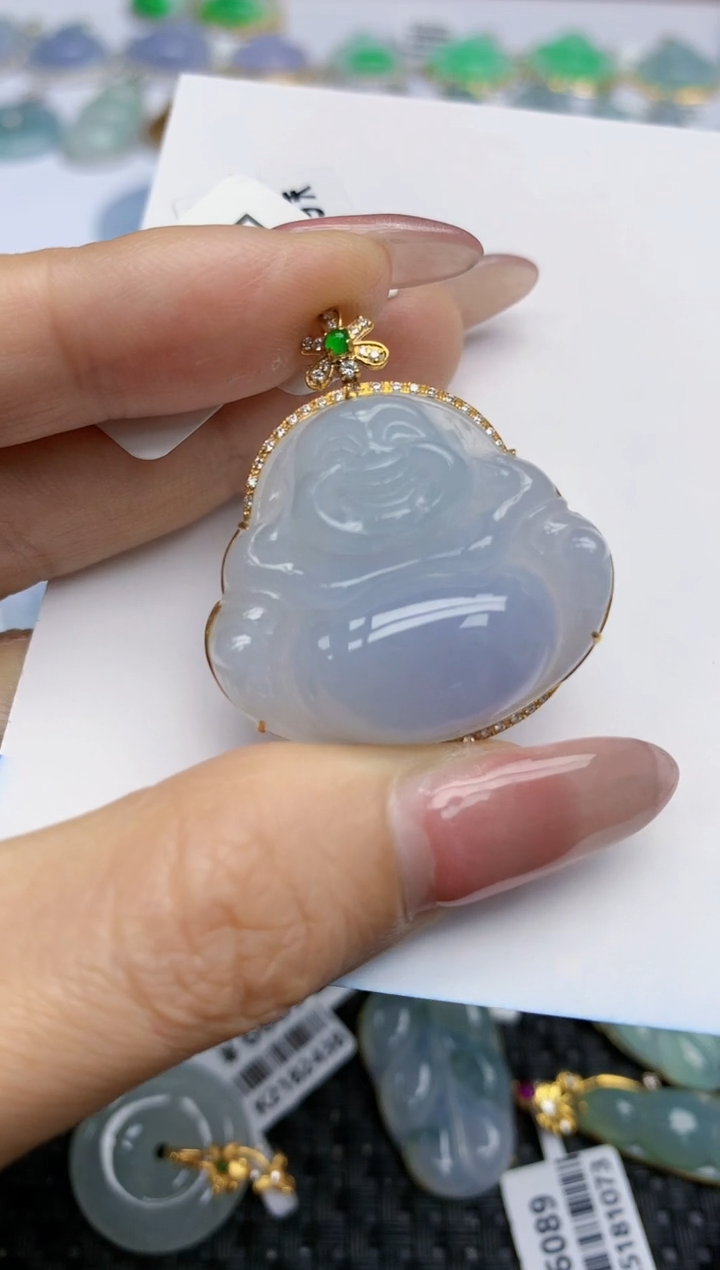 【闪购商品】翡翠挂件18K金镶嵌天然翡翠A货