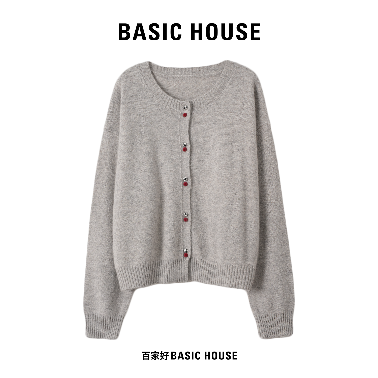 Basic House/百家好2025年秋新款撞色双扣百搭圆领针织衫P252 MM