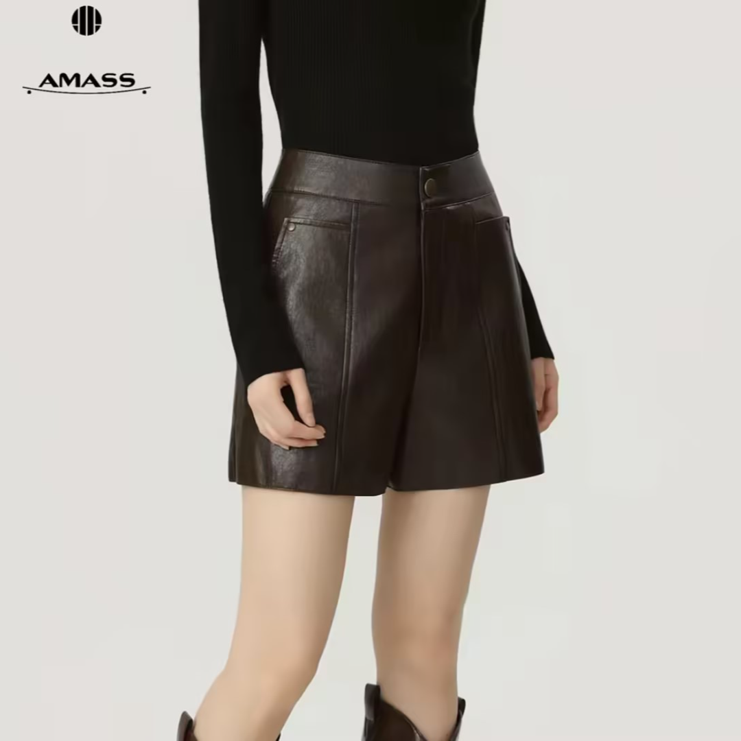AMASS/阿玛施高级感高腰时髦简约百搭皮短裤510042