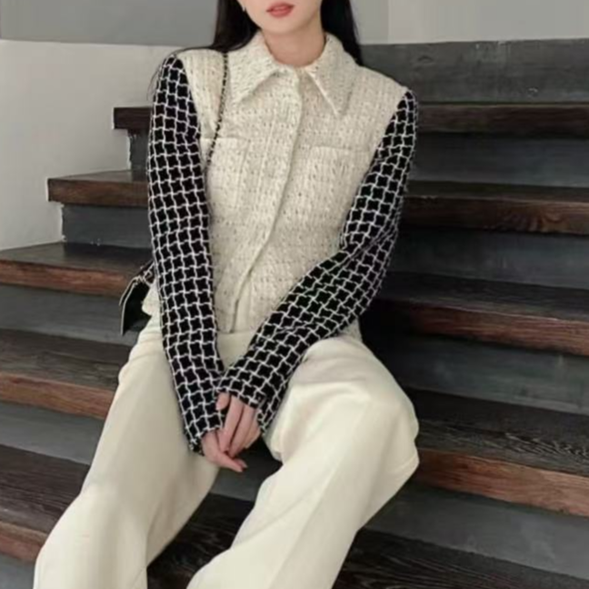 99新 Chanel/香奈儿 36码 白色 拼格子袖 编织 长袖 外套