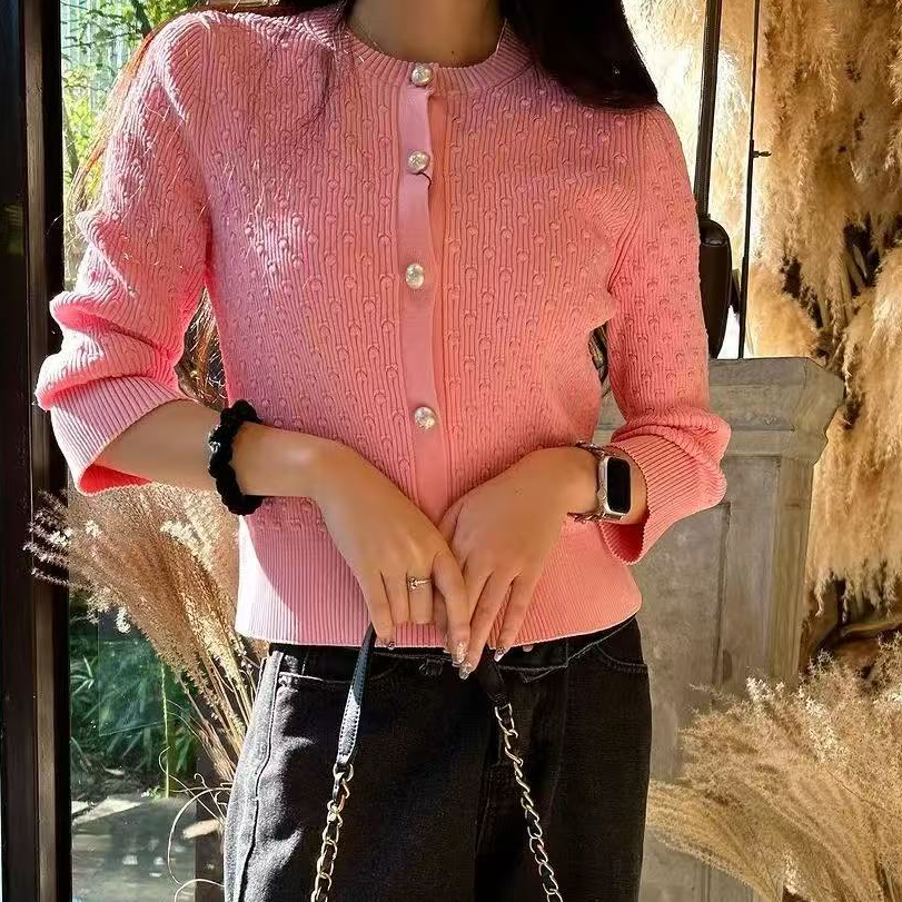 99新 Chanel/香奈儿 Chanel 粉色珍珠扣针织开衫毛衣上衣 38码
