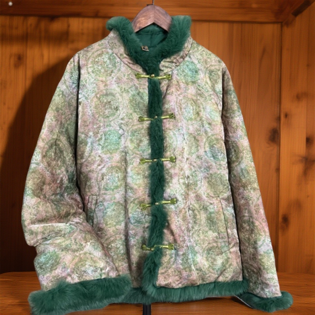 2025新中式冬季立领上衣兔毛新中式唐装提花外套