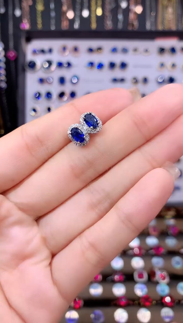 蓝宝石耳饰银S925镶嵌银色46