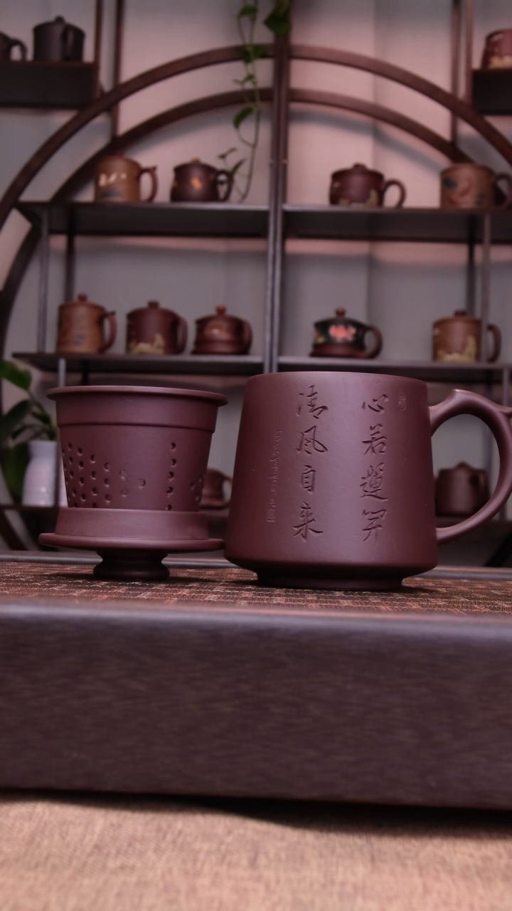 茶杯紫砂手工刻绘心若莲开三件套400CC容量