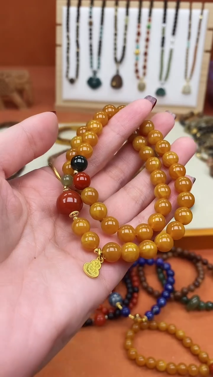 手链蜜蜡未镶嵌双圈蜜蜡和田南红手串