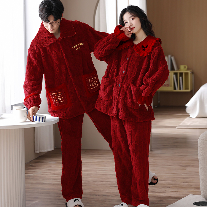大码家居服套装红色新婚秋冬红色情侣睡衣保暖结婚新婚情侣套装